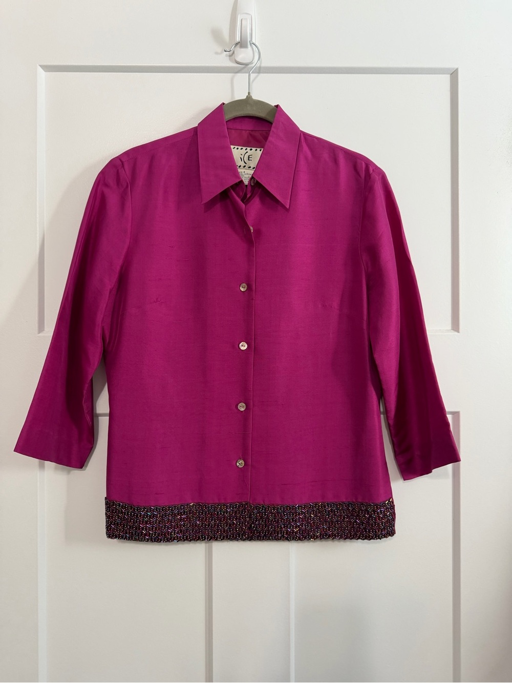 Vintage ICE Magenta Silk Beaded Cocktail Shirt Blouse Size 4